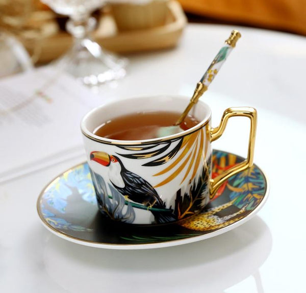 Elegant Tea Cups and Saucers, Jungle Toucan Pattern Porcelain Coffee Cups, Coffee Cups with Gold Trim and Gift Box-LargePaintingArt.com