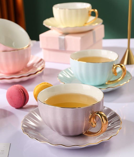 Unique Tea Cups and Saucers in Gift Box as Birthday Gift, Elegant Macaroon Ceramic Coffee Cups, Beautiful British Tea Cups, Creative Bone China Porcelain Tea Cup Set-LargePaintingArt.com