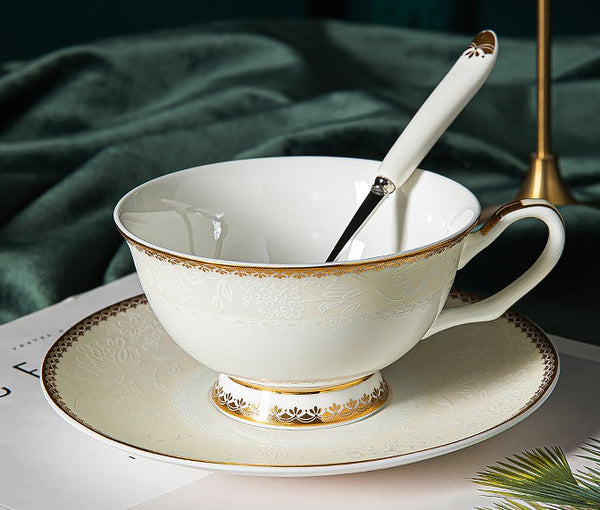 Bone China Porcelain Coffee Cup Set, White Ceramic Cups, Elegant British Ceramic Coffee Cups, Unique Tea Cup and Saucer in Gift Box-LargePaintingArt.com