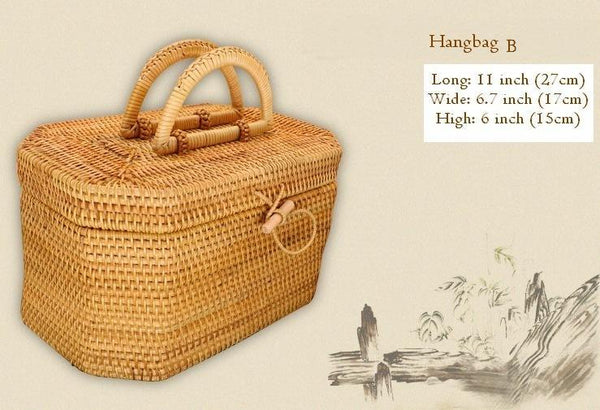 Rattan Wicker Serving Basket, Storage Baskets for Picnic, Kitchen Storage Baskets, Woven Storage Baskets with Lid-LargePaintingArt.com