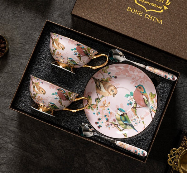 Unique Tea Cup and Saucer in Gift Box, Lovely Birds Ceramic Cups, Elegant Ceramic Coffee Cups, Afternoon Bone China Porcelain Tea Cup Set-LargePaintingArt.com