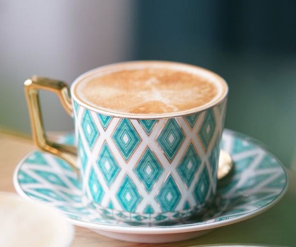 Afternoon Green British Tea Cups, Unique Ceramic Coffee Cups, Creative Bone China Porcelain Tea Cup Set, Traditional English Tea Cups and Saucers-LargePaintingArt.com