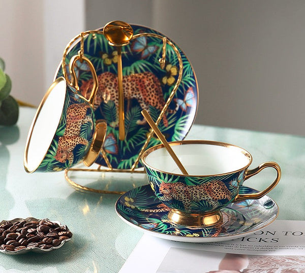 Creative Leopard Ceramic Coffee Cups, Unique Tea Cups and Saucers in Gift Box as Birthday Gift, Beautiful British Tea Cups, Creative Bone China Porcelain Tea Cup Set-LargePaintingArt.com