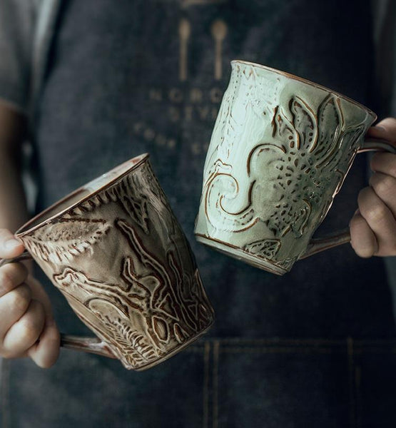 Green Ceramic Coffee Mug, Birthday Gifts, Stoneware Coffee Mugs, Handmade Pottery Coffee Mug, Large Capacity Coffee Cups-LargePaintingArt.com