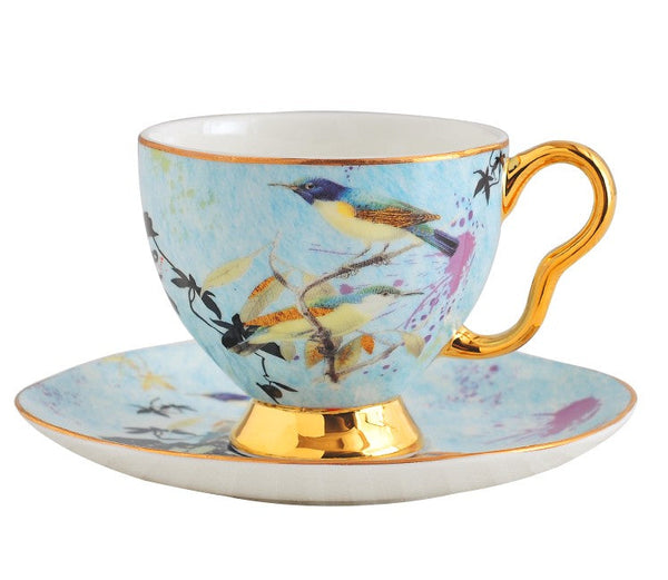 Elegant Ceramic Coffee Cups, Unique Bird Flower Tea Cups and Saucers in Gift Box as Birthday Gift, Beautiful British Tea Cups, Royal Bone China Porcelain Tea Cup Set-LargePaintingArt.com