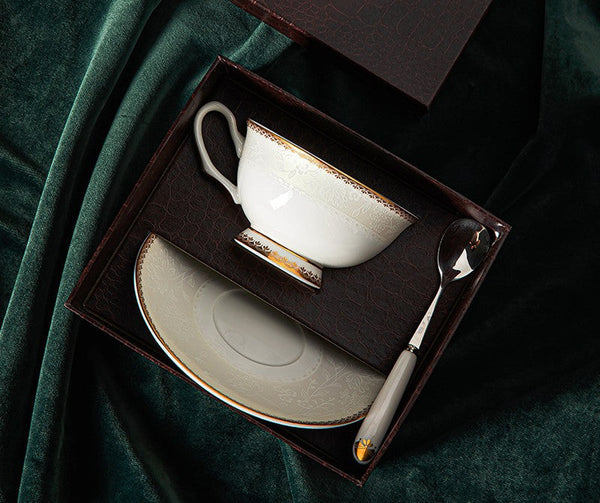 Bone China Porcelain Coffee Cup Set, White Ceramic Cups, Elegant British Ceramic Coffee Cups, Unique Tea Cup and Saucer in Gift Box-LargePaintingArt.com
