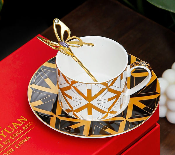 Modern Coffee Cup and Saucer, Elegant Ceramic Cups, Creative Bone China Porcelain Tea Cup Set, Beautiful British Tea Cups-LargePaintingArt.com