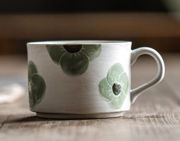 Cappuccino Coffee Cup, Spring Flower Coffee Cup, Rustic Tea Cup, Pottery Coffee Cups, Coffee Cup and Saucer Set-LargePaintingArt.com