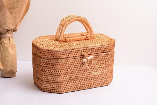 Rattan Wicker Serving Basket, Storage Baskets for Picnic, Kitchen Storage Baskets, Woven Storage Baskets with Lid-LargePaintingArt.com