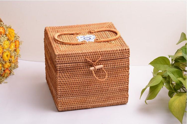 Rattan Wicker Serving Basket, Storage Baskets for Picnic, Kitchen Storage Baskets, Woven Storage Baskets with Lid-LargePaintingArt.com