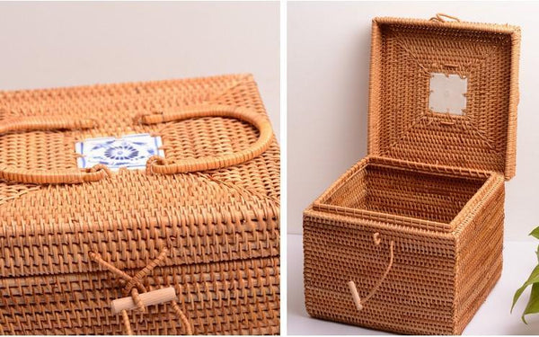 Rattan Wicker Serving Basket, Storage Baskets for Picnic, Kitchen Storage Baskets, Woven Storage Baskets with Lid-LargePaintingArt.com