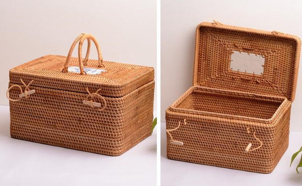 Rattan Wicker Serving Basket, Storage Baskets for Picnic, Kitchen Storage Baskets, Woven Storage Baskets with Lid-LargePaintingArt.com