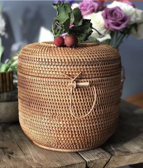 Small Woven Storage Basket, Storage Basket for Dining Room Table, Storage Basket with Lid, Storage Baskets for Kitchen, Rattan Storage Basket-LargePaintingArt.com