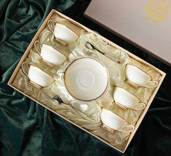 Bone China Porcelain Coffee Cup Set, White Ceramic Cups, Elegant British Ceramic Coffee Cups, Unique Tea Cup and Saucer in Gift Box-LargePaintingArt.com
