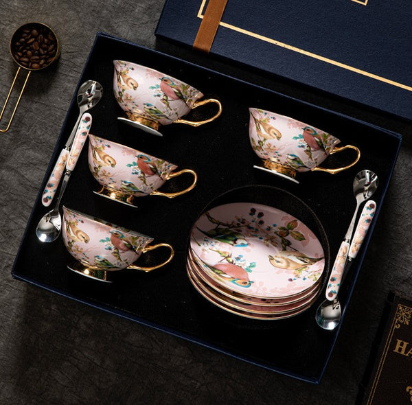 Unique Tea Cup and Saucer in Gift Box, Lovely Birds Ceramic Cups, Elegant Ceramic Coffee Cups, Afternoon Bone China Porcelain Tea Cup Set-LargePaintingArt.com
