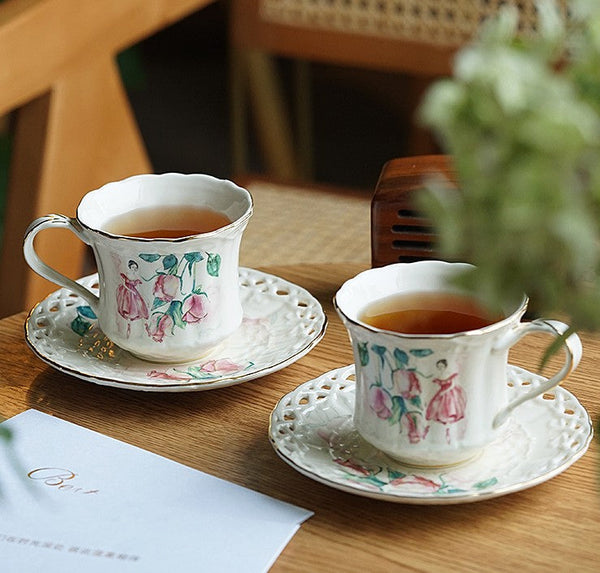 Elegant British Tea Cups, Beautiful Bone China Porcelain Tea Cup Set, Traditional English Tea Cups and Saucers, Unique Ceramic Coffee Cups-LargePaintingArt.com