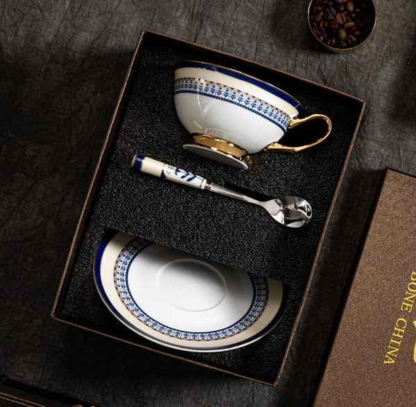 Blue Bone China Porcelain Tea Cup Set, Elegant British Ceramic Coffee Cups, Unique British Tea Cup and Saucer in Gift Box-LargePaintingArt.com