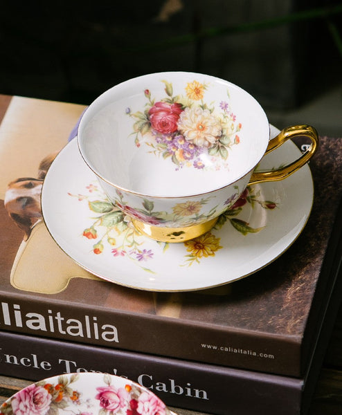 Elegant Rose Flower Ceramic Cups, Unique Royal Coffee Cup and Saucer, Creative Bone China Porcelain Tea Cup Set, Beautiful British Tea Cups-LargePaintingArt.com