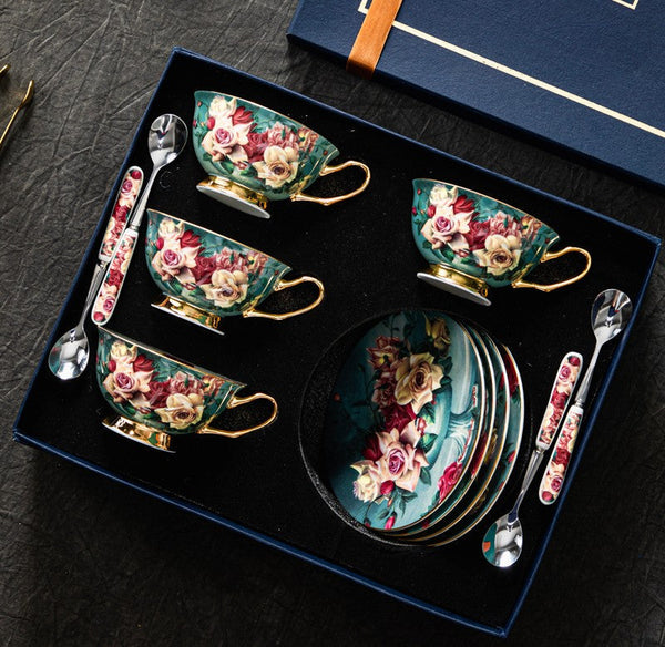 Large Rose Royal Ceramic Cups, Afternoon Bone China Porcelain Tea Cup Set, Unique Tea Cups and Saucers in Gift Box, Elegant Flower Ceramic Coffee Cups-LargePaintingArt.com