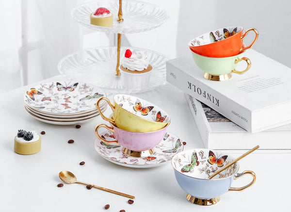Unique Butterfly Coffee Cups and Saucers, Creative Butterfly Ceramic Coffee Cups, Beautiful British Tea Cups, Creative Bone China Porcelain Tea Cup Set-LargePaintingArt.com