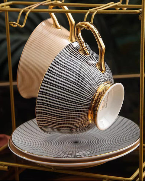 Elegant Ceramic Cups, Unique Modern Coffee Cup and Saucer, Creative Bone China Porcelain Tea Cup Set, Beautiful British Tea Cups-LargePaintingArt.com