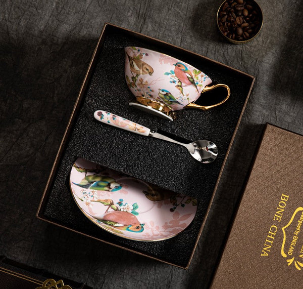 Unique Tea Cup and Saucer in Gift Box, Lovely Birds Ceramic Cups, Elegant Ceramic Coffee Cups, Afternoon Bone China Porcelain Tea Cup Set-LargePaintingArt.com