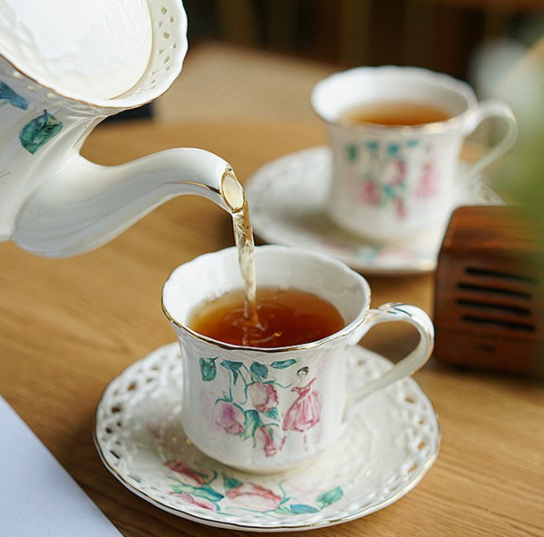 Elegant British Tea Cups, Beautiful Bone China Porcelain Tea Cup Set, Traditional English Tea Cups and Saucers, Unique Ceramic Coffee Cups-LargePaintingArt.com