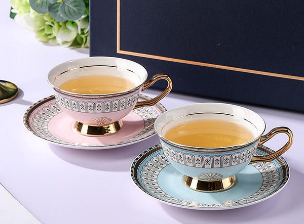 Royal Blue and Pink Bone China Porcelain Tea Cup Set, Tea Cups and Saucers in Gift Box, Elegant Ceramic Coffee Cups, Beautiful British Tea Cups-LargePaintingArt.com