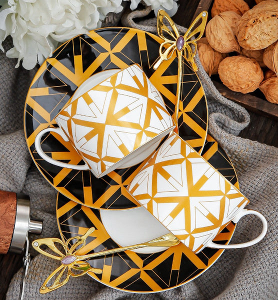 Modern Coffee Cup and Saucer, Elegant Ceramic Cups, Creative Bone China Porcelain Tea Cup Set, Beautiful British Tea Cups-LargePaintingArt.com