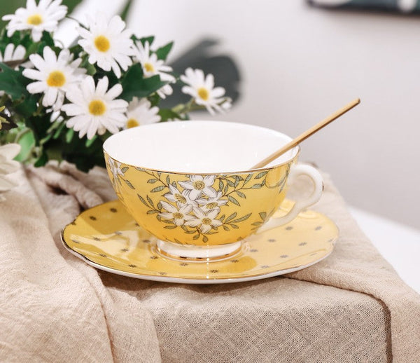 Creative Yellow Ceramic Coffee Cups, Unique Flower Coffee Cups and Saucers, Beautiful British Tea Cups, Creative Bone China Porcelain Tea Cup Set-LargePaintingArt.com