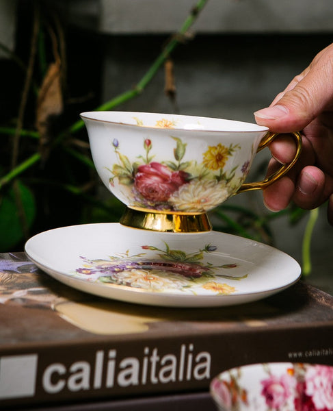 Elegant Rose Flower Ceramic Cups, Unique Royal Coffee Cup and Saucer, Creative Bone China Porcelain Tea Cup Set, Beautiful British Tea Cups-LargePaintingArt.com