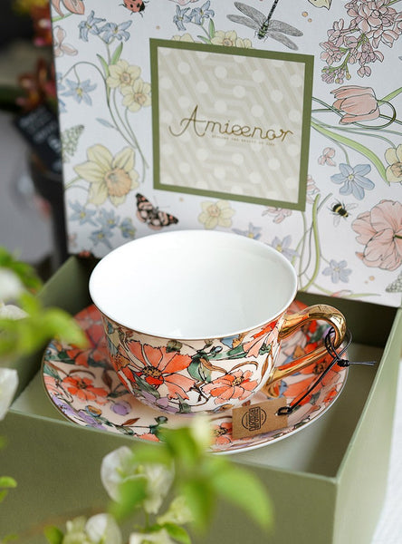 Elegant Ceramic Coffee Cups, Flower Bone China Porcelain Tea Cup Set, British Royal Ceramic Cups for Afternoon Tea, Unique Tea Cup and Saucer in Gift Box-LargePaintingArt.com