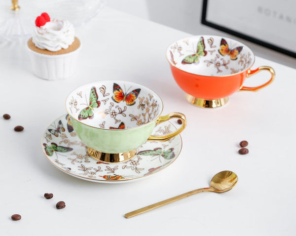 Unique Butterfly Coffee Cups and Saucers, Creative Butterfly Ceramic Coffee Cups, Beautiful British Tea Cups, Creative Bone China Porcelain Tea Cup Set-LargePaintingArt.com