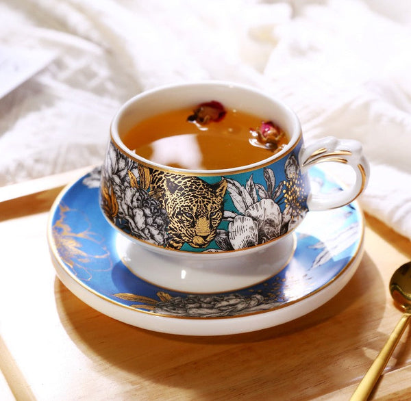 Creative Ceramic Tea Cups and Saucers, Jungle Tiger Cheetah Porcelain Coffee Cups, Unique Ceramic Cups with Gold Trim and Gift Box-LargePaintingArt.com