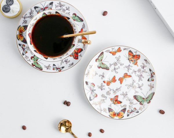 Unique Butterfly Coffee Cups and Saucers, Creative Butterfly Ceramic Coffee Cups, Beautiful British Tea Cups, Creative Bone China Porcelain Tea Cup Set-LargePaintingArt.com