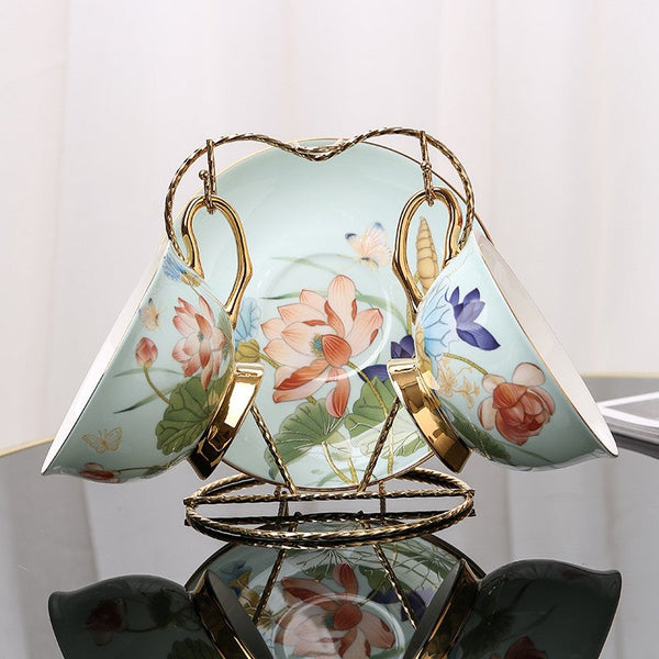 Lotus Flower Bone China Porcelain Tea Cup Set, Unique British Tea Cup and Saucer in Gift Box, Elegant British Ceramic Coffee Cups-LargePaintingArt.com