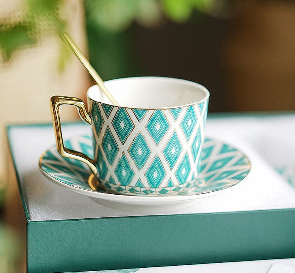 Afternoon Green British Tea Cups, Unique Ceramic Coffee Cups, Creative Bone China Porcelain Tea Cup Set, Traditional English Tea Cups and Saucers-LargePaintingArt.com