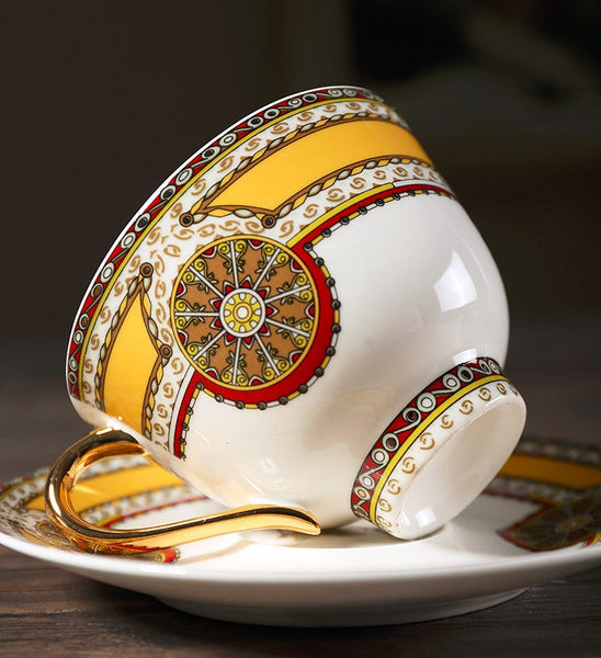 Handmade Beautiful British Tea Cups, Creative Bone China Porcelain Tea Cup Set, Yellow Royal Ceramic Coffee Cups, Unique Tea Cups and Saucers-LargePaintingArt.com