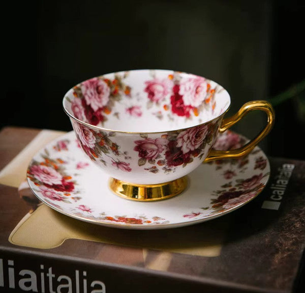 Unique Royal Coffee Cup and Saucer, Elegant Flower Ceramic Cups, Creative Bone China Porcelain Tea Cup Set, Beautiful British Tea Cups-LargePaintingArt.com
