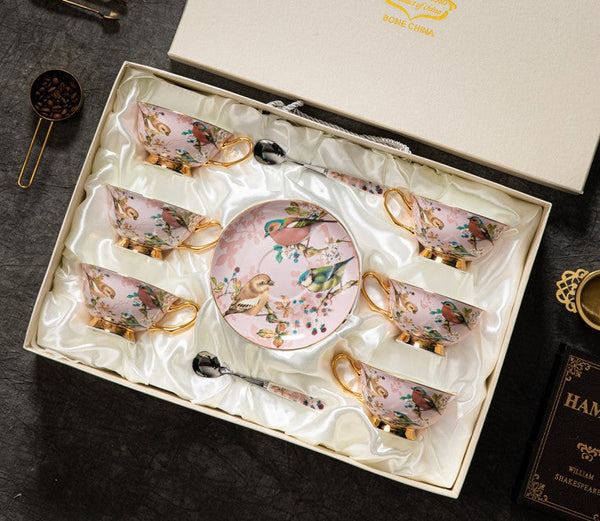 Unique Tea Cup and Saucer in Gift Box, Lovely Birds Ceramic Cups, Elegant Ceramic Coffee Cups, Afternoon Bone China Porcelain Tea Cup Set-LargePaintingArt.com