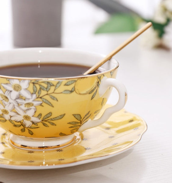 Creative Yellow Ceramic Coffee Cups, Unique Flower Coffee Cups and Saucers, Beautiful British Tea Cups, Creative Bone China Porcelain Tea Cup Set-LargePaintingArt.com