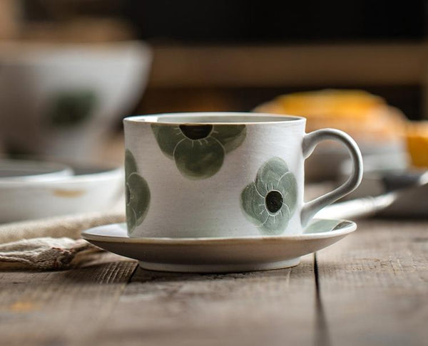 Cappuccino Coffee Cup, Spring Flower Coffee Cup, Rustic Tea Cup, Pottery Coffee Cups, Coffee Cup and Saucer Set-LargePaintingArt.com