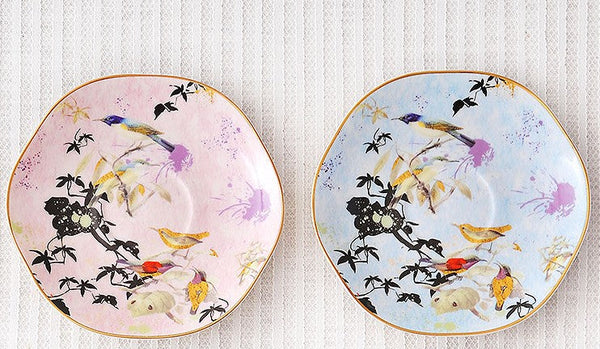 Unique Bird Flower Tea Cups and Saucers in Gift Box as Birthday Gift, Elegant Ceramic Coffee Cups, Afternoon British Tea Cups, Royal Bone China Porcelain Tea Cup Set-LargePaintingArt.com