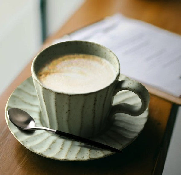 Handmade Pottery Coffee Cup, Creative Ceramic Coffee Cup with Saucer, Unique Tea Cup and Saucer, Modern Tea Cup Set for Afternoon Tea-LargePaintingArt.com