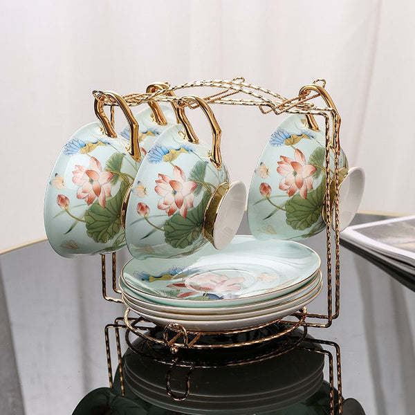 Lotus Flower Bone China Porcelain Tea Cup Set, Unique British Tea Cup and Saucer in Gift Box, Elegant British Ceramic Coffee Cups-LargePaintingArt.com