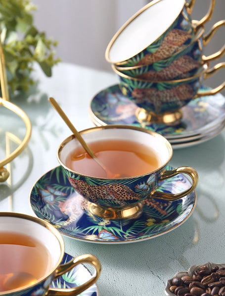 Creative Leopard Ceramic Coffee Cups, Unique Tea Cups and Saucers in Gift Box as Birthday Gift, Beautiful British Tea Cups, Creative Bone China Porcelain Tea Cup Set-LargePaintingArt.com