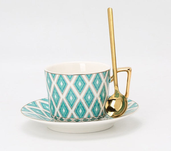 Afternoon Green British Tea Cups, Unique Ceramic Coffee Cups, Creative Bone China Porcelain Tea Cup Set, Traditional English Tea Cups and Saucers-LargePaintingArt.com