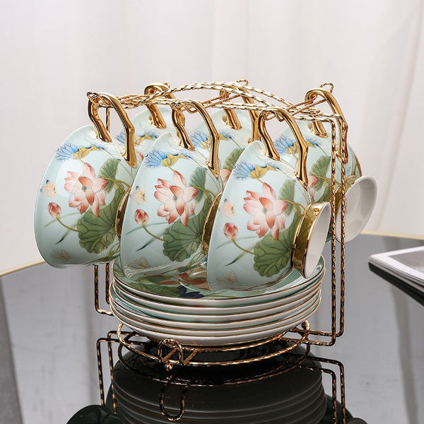 Lotus Flower Bone China Porcelain Tea Cup Set, Unique British Tea Cup and Saucer in Gift Box, Elegant British Ceramic Coffee Cups-LargePaintingArt.com