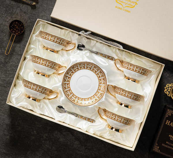 Handmade Elegant British Ceramic Coffee Cups, Unique Tea Cup and Saucer in Gift Box, Bone China Porcelain Tea Cup Set for Office, Yellow Ceramic Cups-LargePaintingArt.com