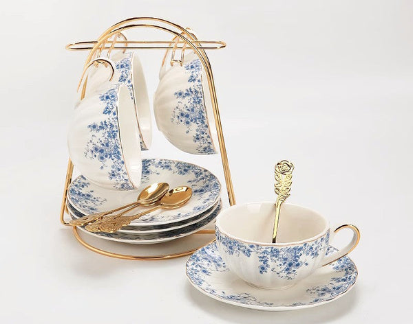Blue Bone China Porcelain Tea Cup Set, British Royal Ceramic Cups for Afternoon Tea, Unique Blue Tea Cup and Saucer in Gift Box, Elegant Ceramic Coffee Cups-LargePaintingArt.com